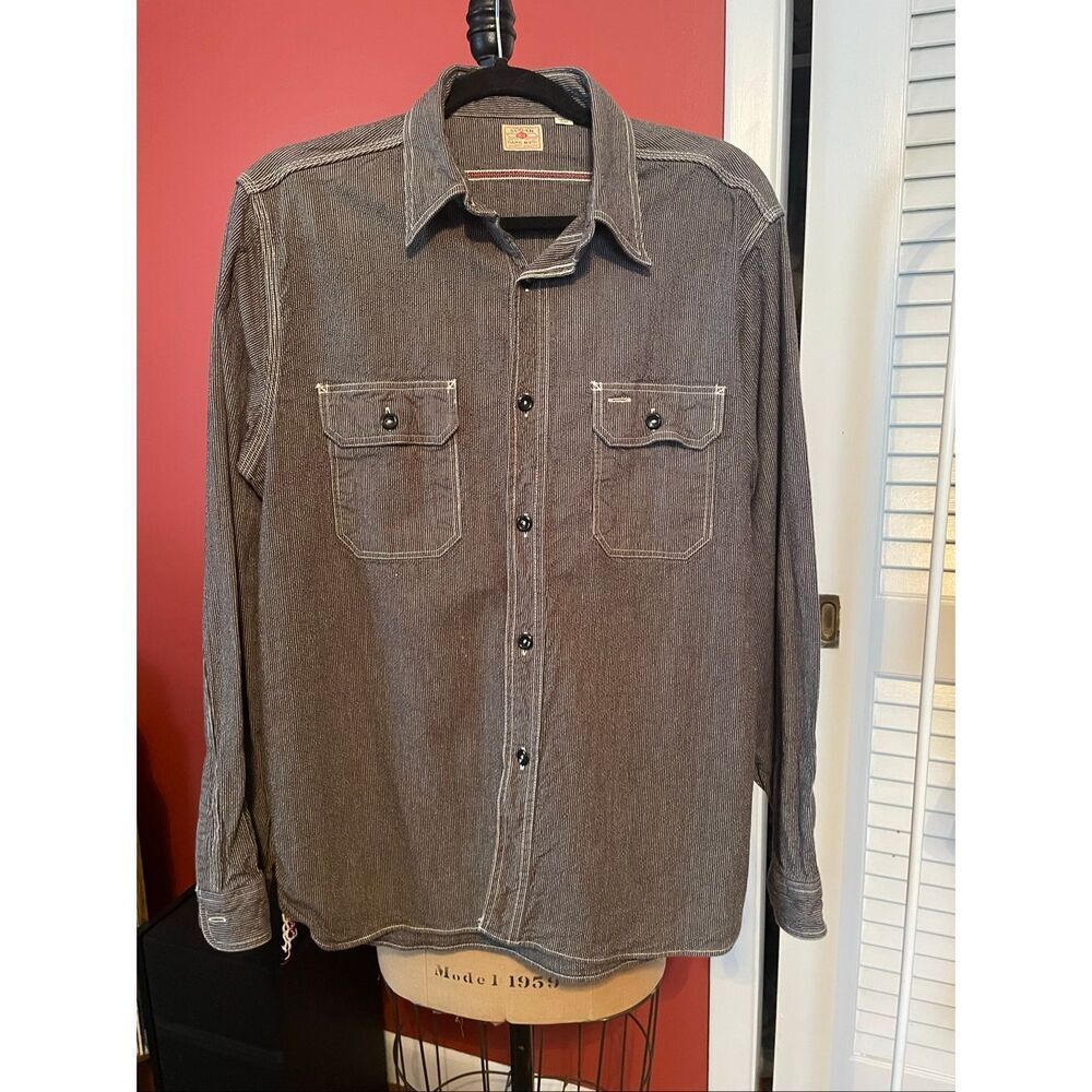 SUGAR CANE MFG | gray white stitch button down L
